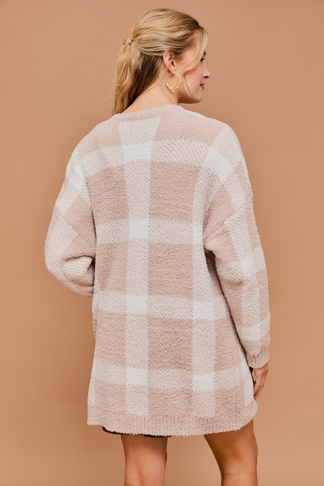 Long Sleeve Plaid Cardigan-Taupe White