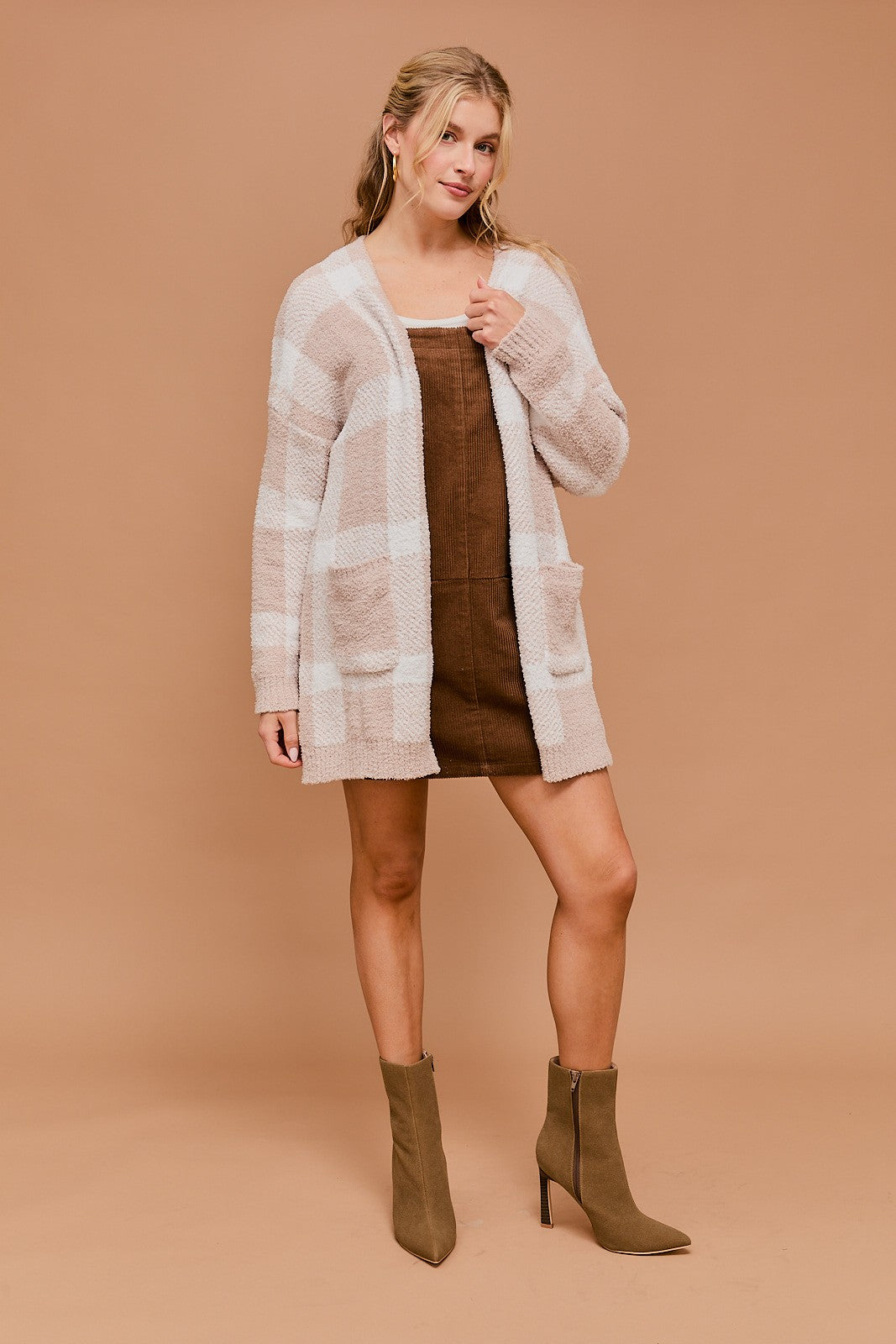 Long Sleeve Plaid Cardigan-Taupe White