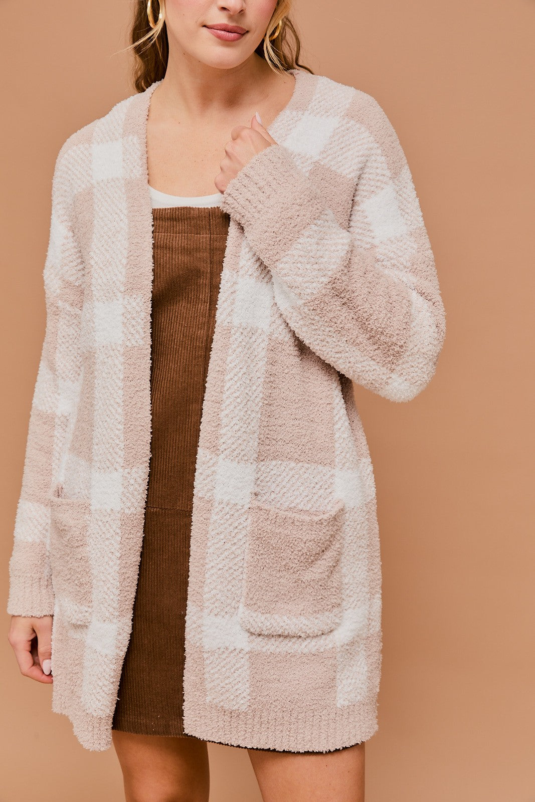 Long Sleeve Plaid Cardigan-Taupe White