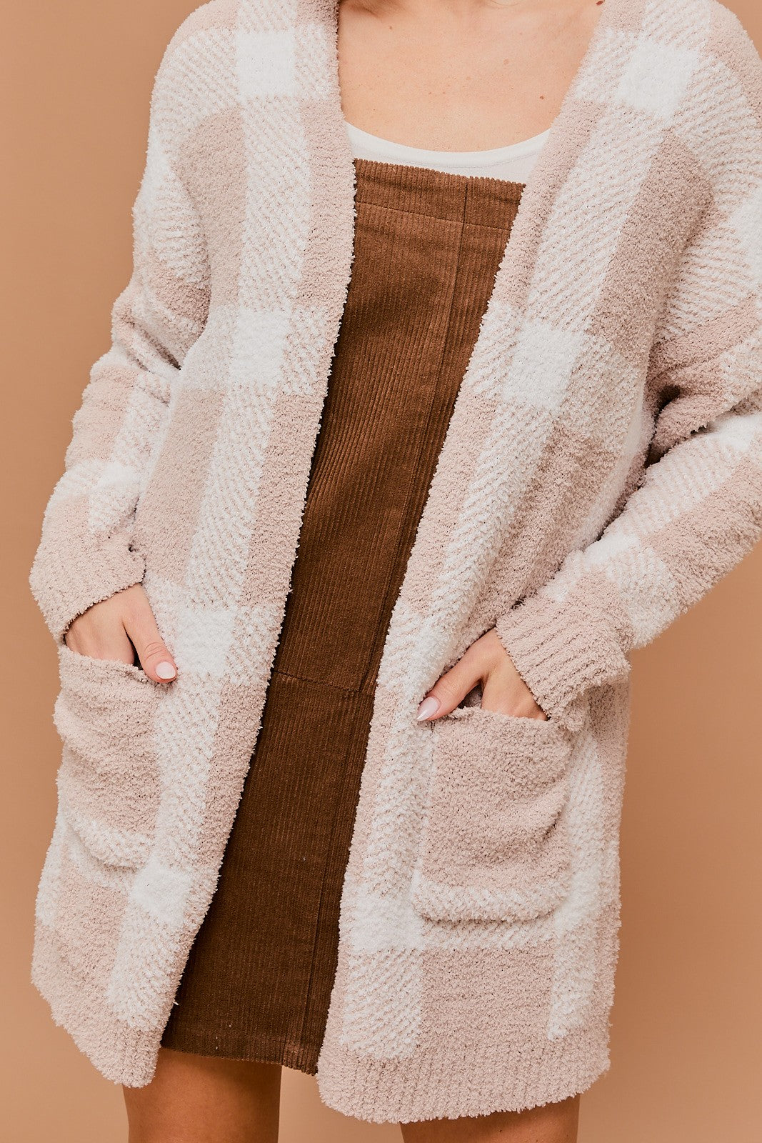 Long Sleeve Plaid Cardigan-Taupe White