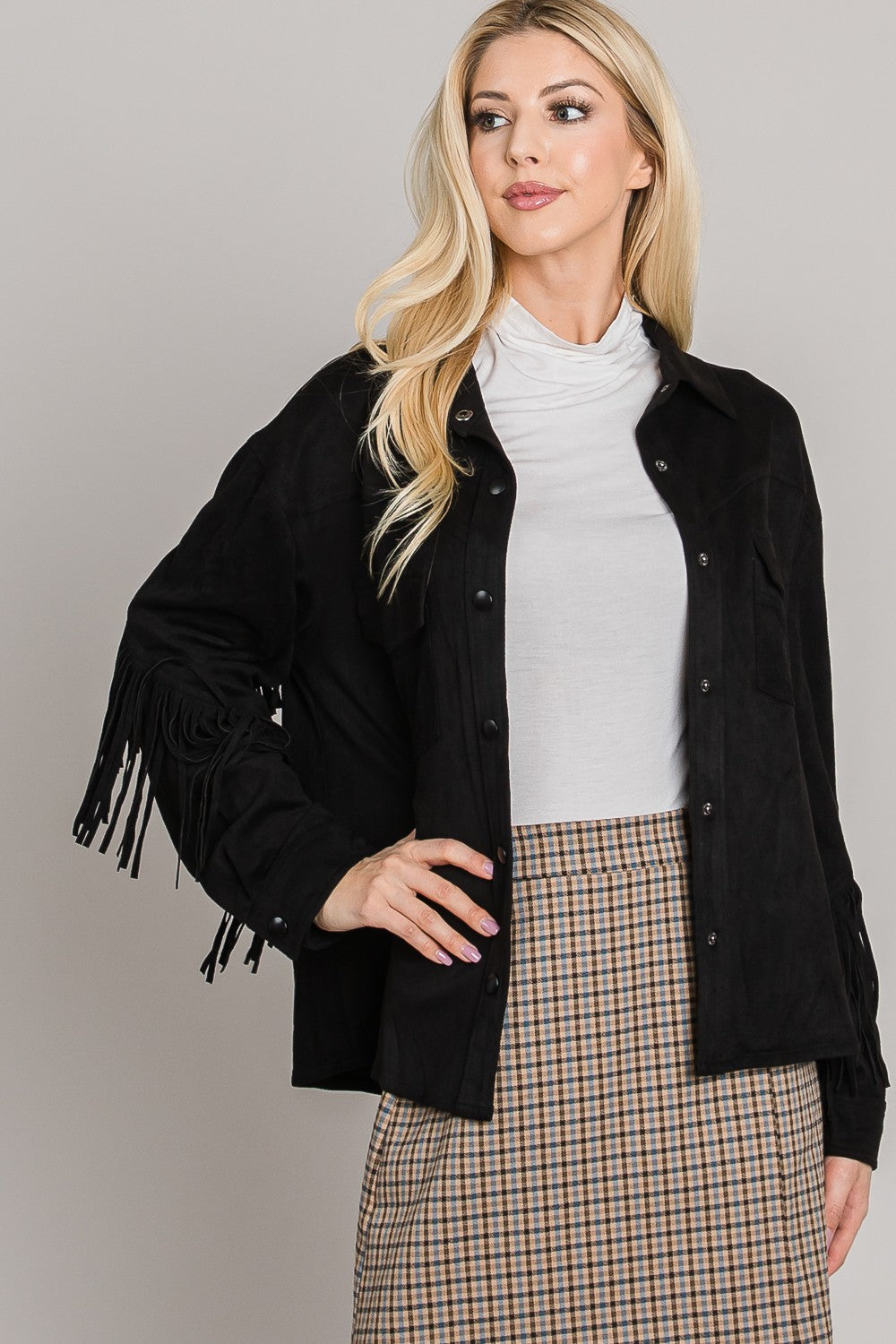 Fringed Faux Suede Jacket-Black