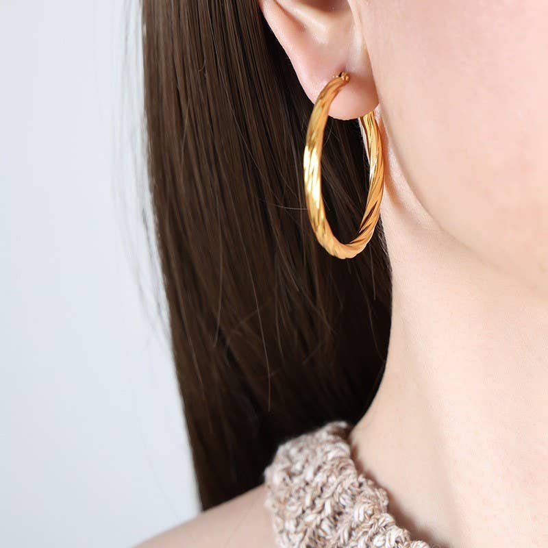 18K Non-Tarnish Twisted Hoop Earrings-Gold