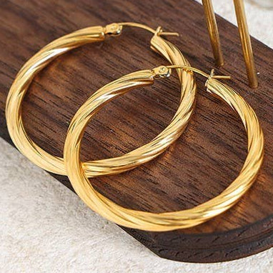 18K Non-Tarnish Twisted Hoop Earrings-Gold