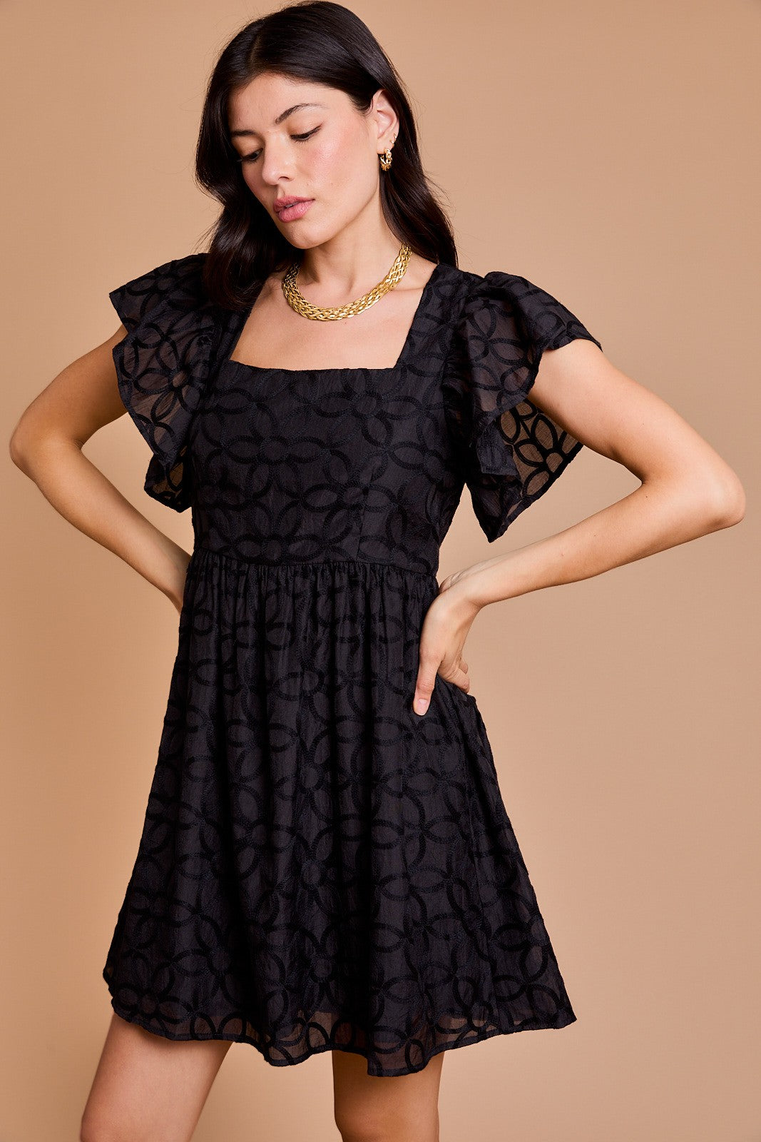 Floral Embroidered Empire Waist Dress-Black