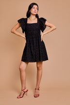 Floral Embroidered Empire Waist Dress-Black