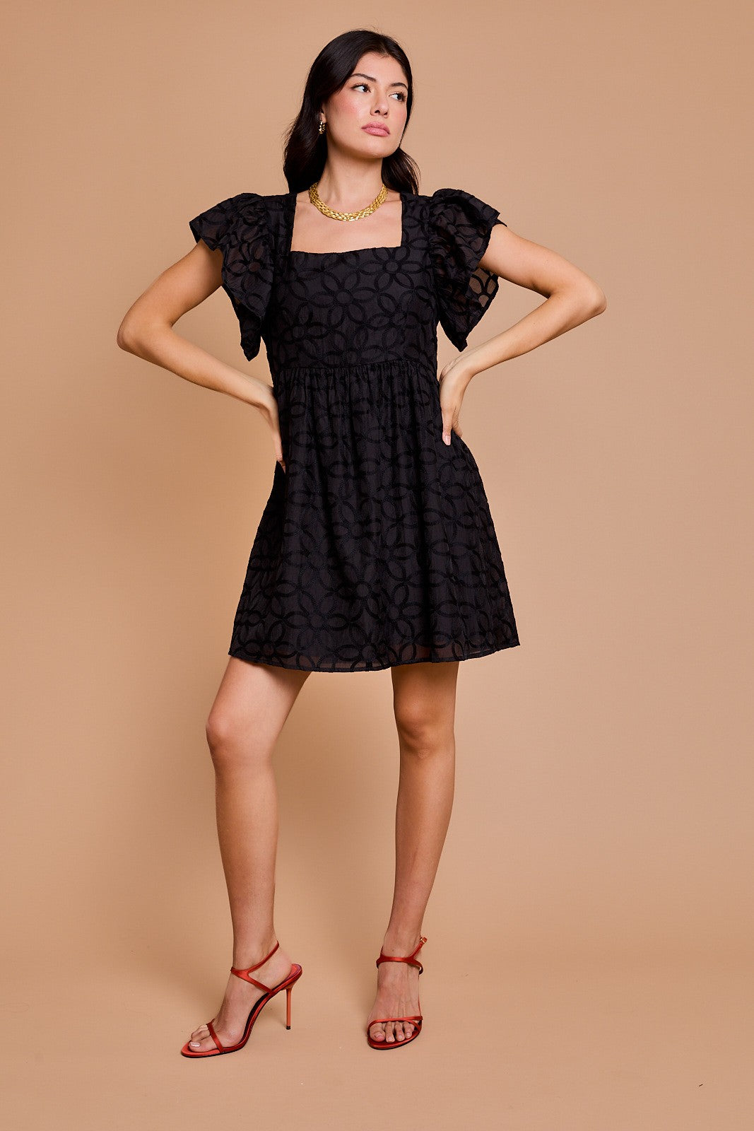 Floral Embroidered Empire Waist Dress-Black