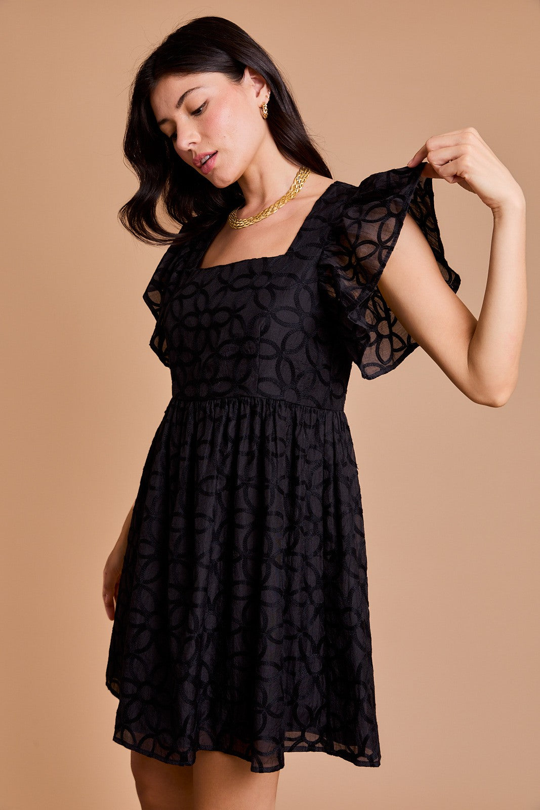 Floral Embroidered Empire Waist Dress-Black