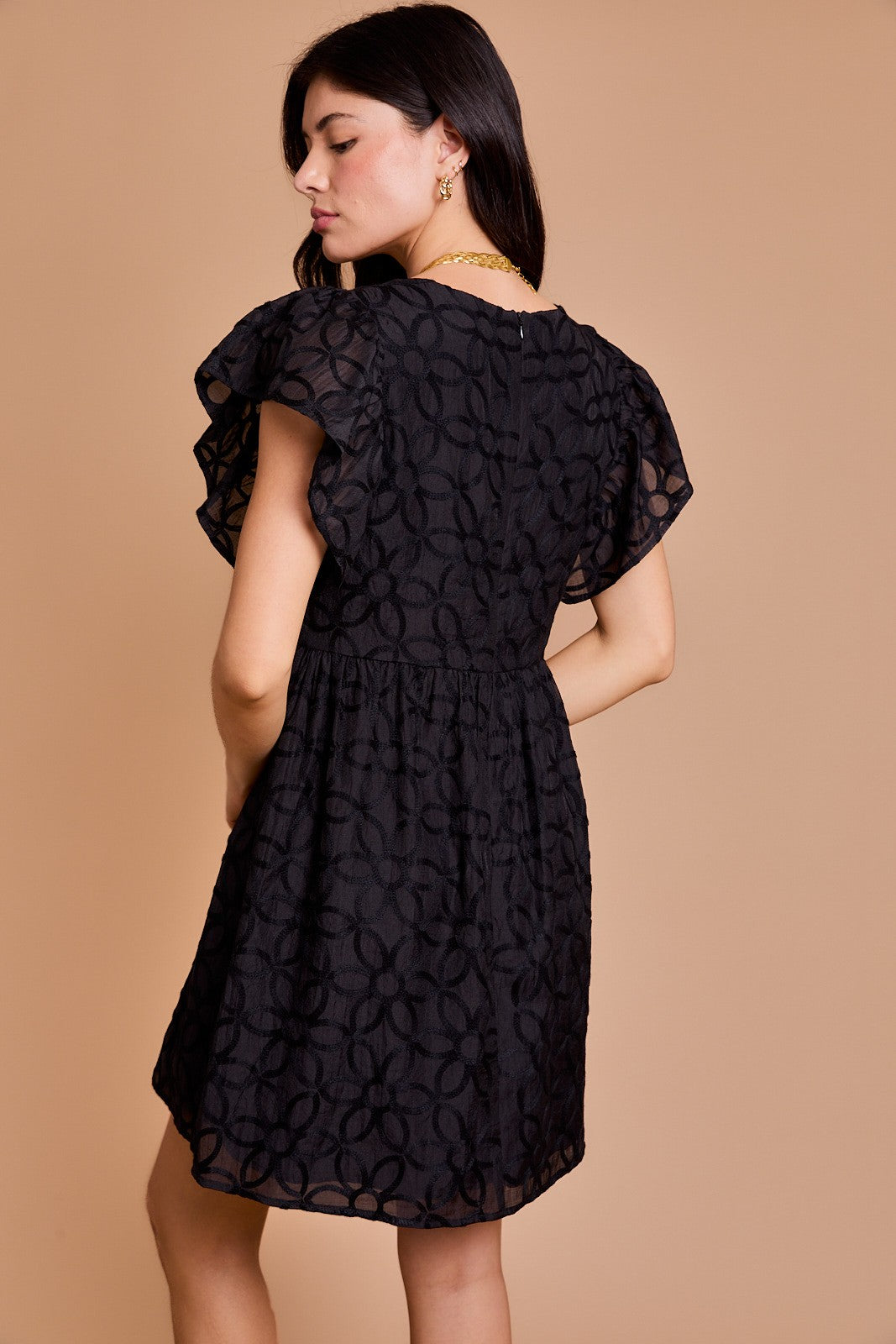 Floral Embroidered Empire Waist Dress-Black