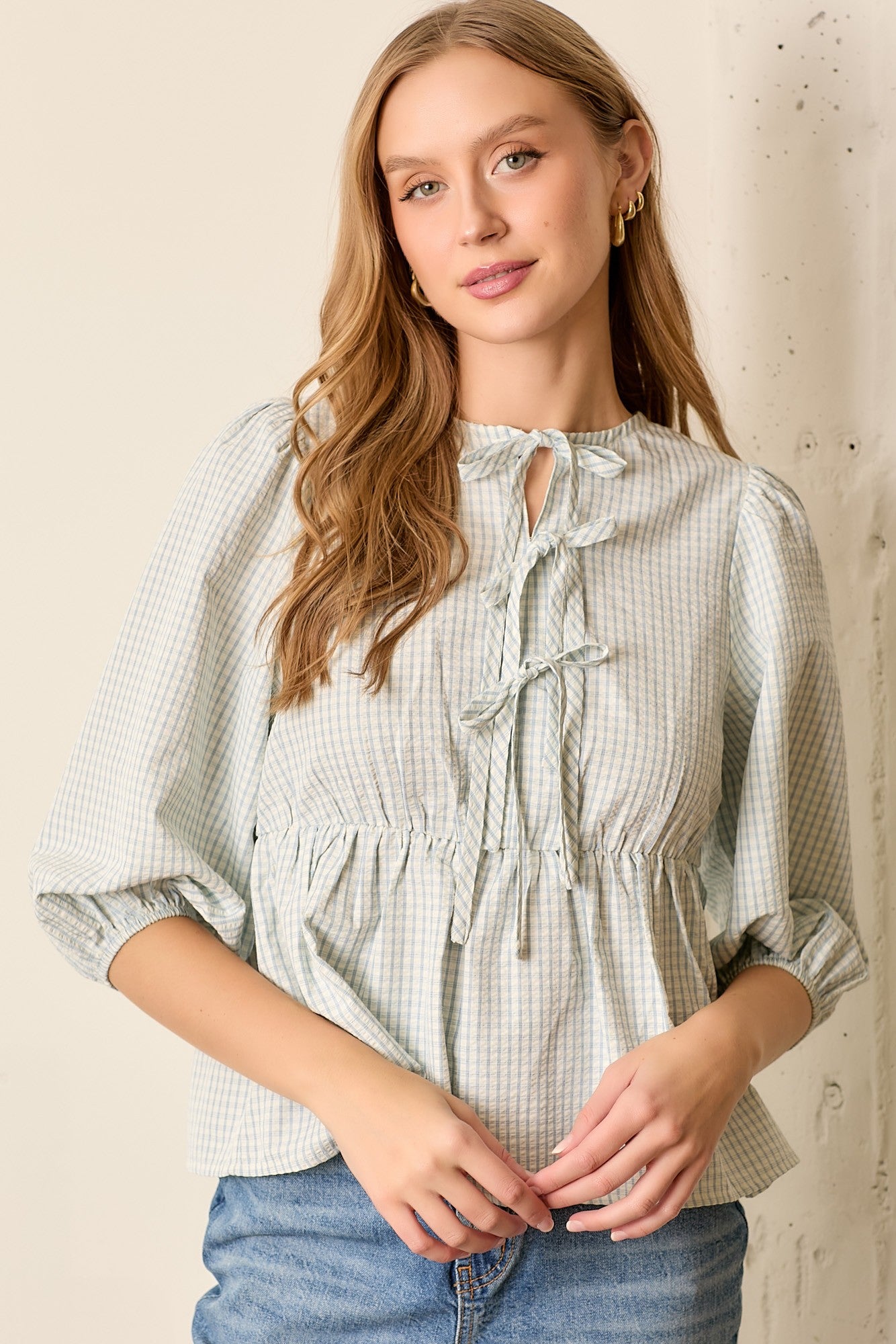 Front Tie Plaid Top-Cream Black