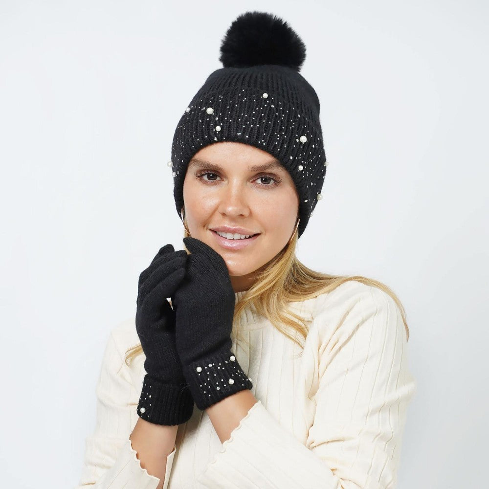 Knit Gloves & Pom Beanie Set with Pearl & Rhinestone Detail-Black