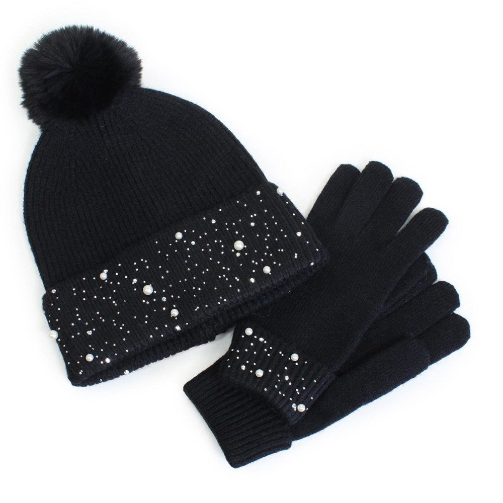 Knit Gloves & Pom Beanie Set with Pearl & Rhinestone Detail-Black