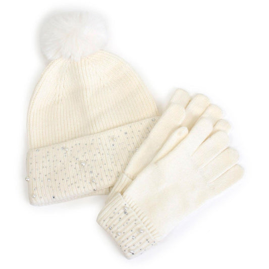 Knit Gloves & Pom Beanie Set with Pearl & Rhinestone Detail-Ivory