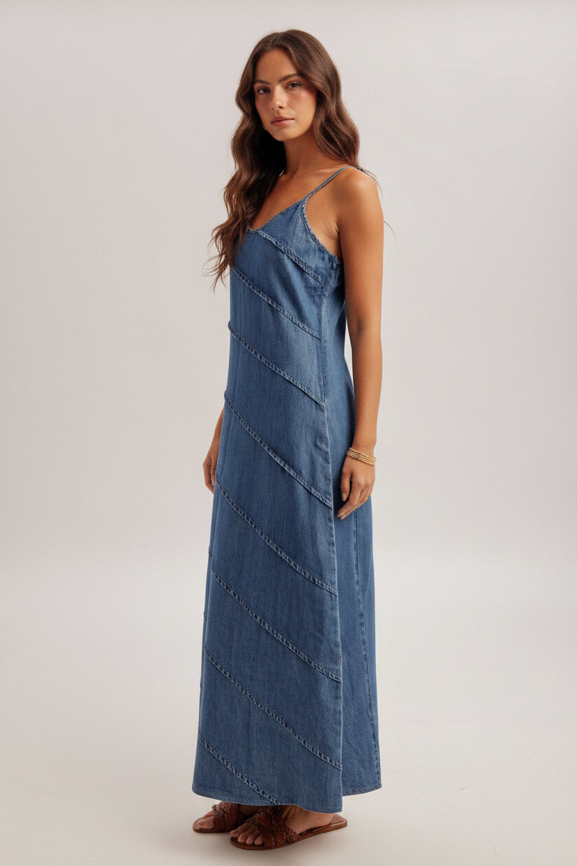 denim maxi dresses Pintuck Detail Maxi Dress-Medium Denim | Women's Dresses