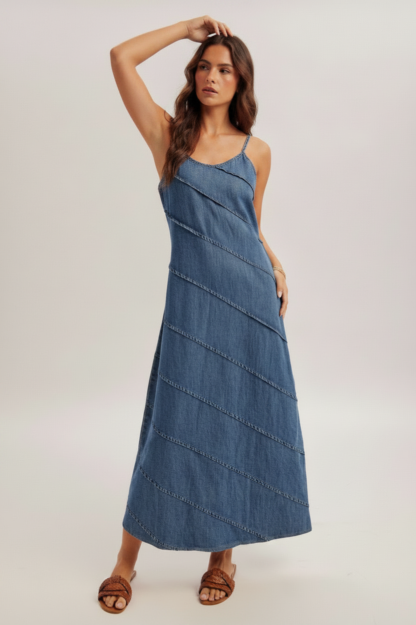 denim dresses maxi Pintuck Detail Maxi Dress-Medium Denim | Women's Dresses