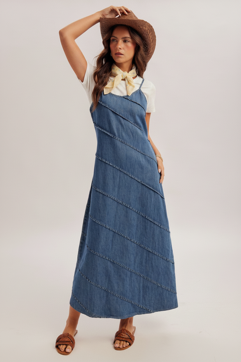 Woman wearing a medium blue denim dress with pintuck detailing and a white tee and straw hat on a light gray background