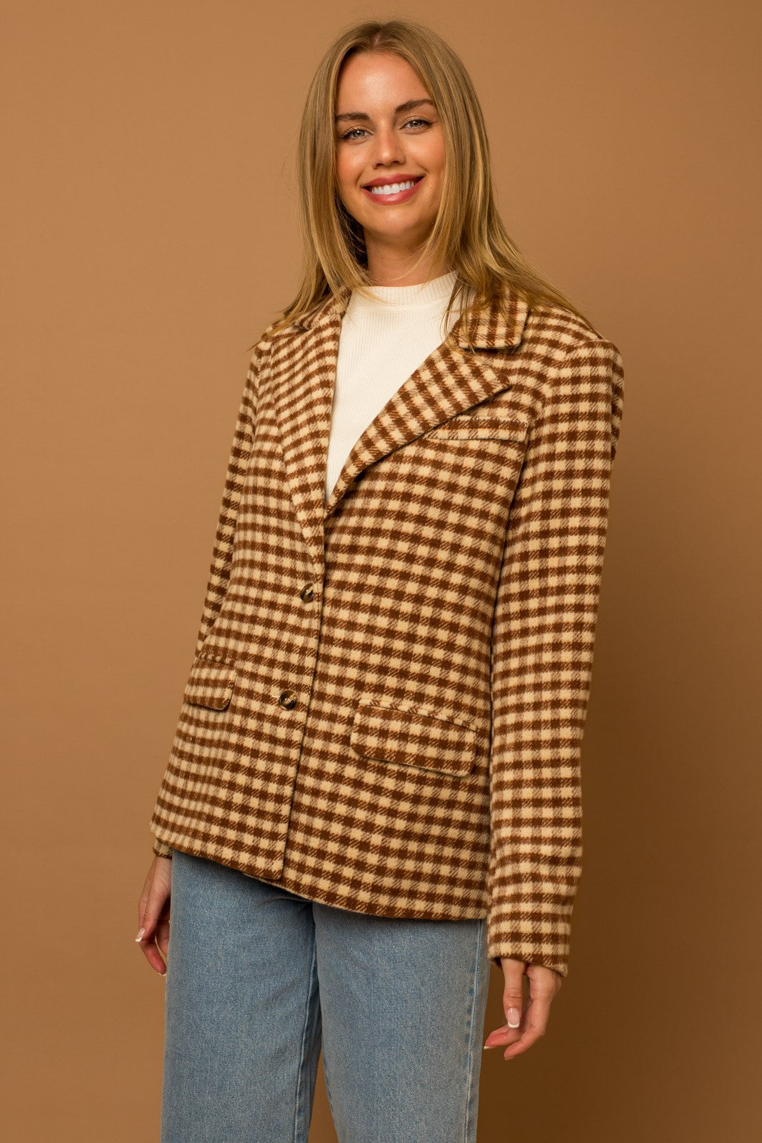 Tartan Check Boucle Blazer-Cream Brown Plaid