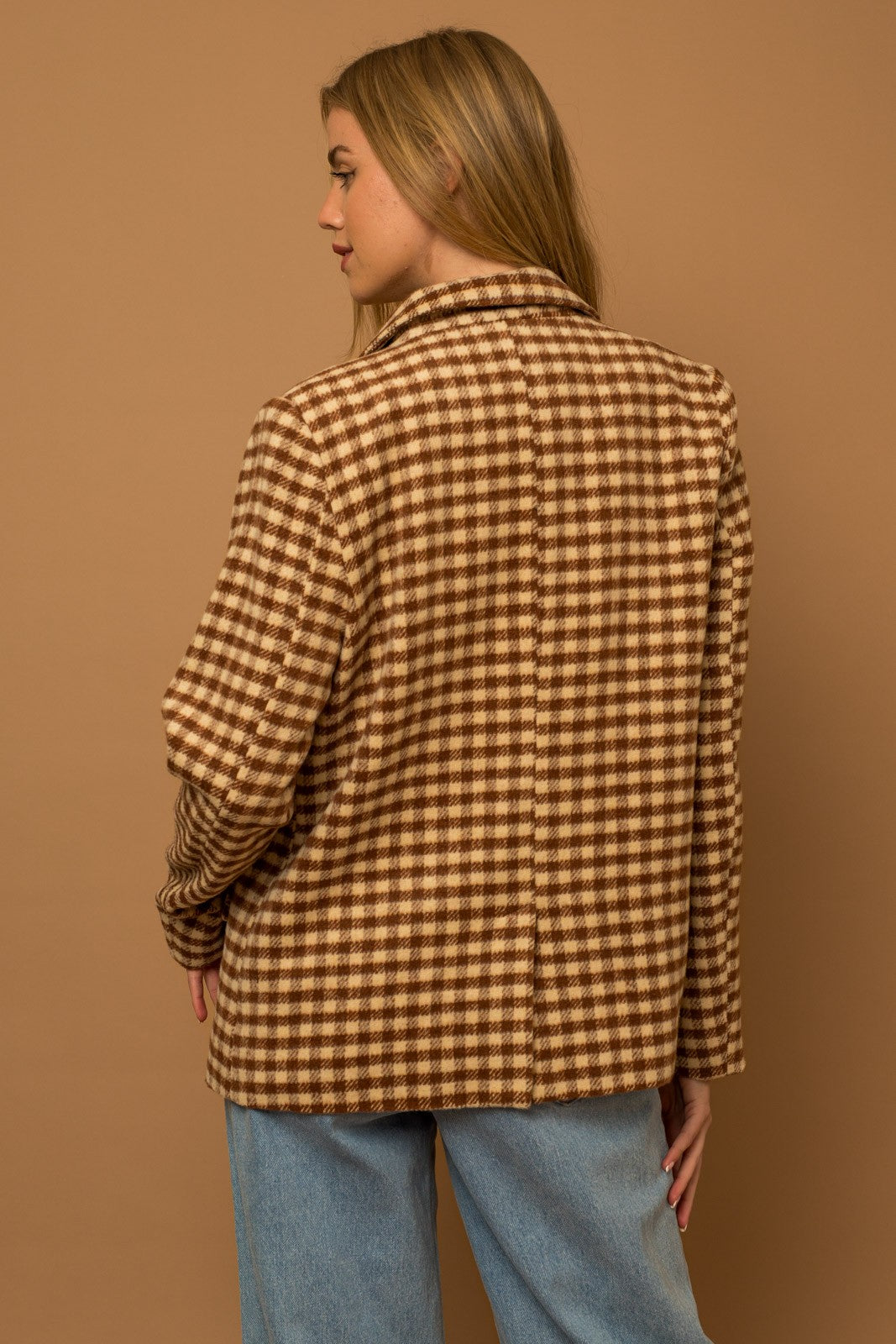 Tartan Check Boucle Blazer-Cream Brown Plaid