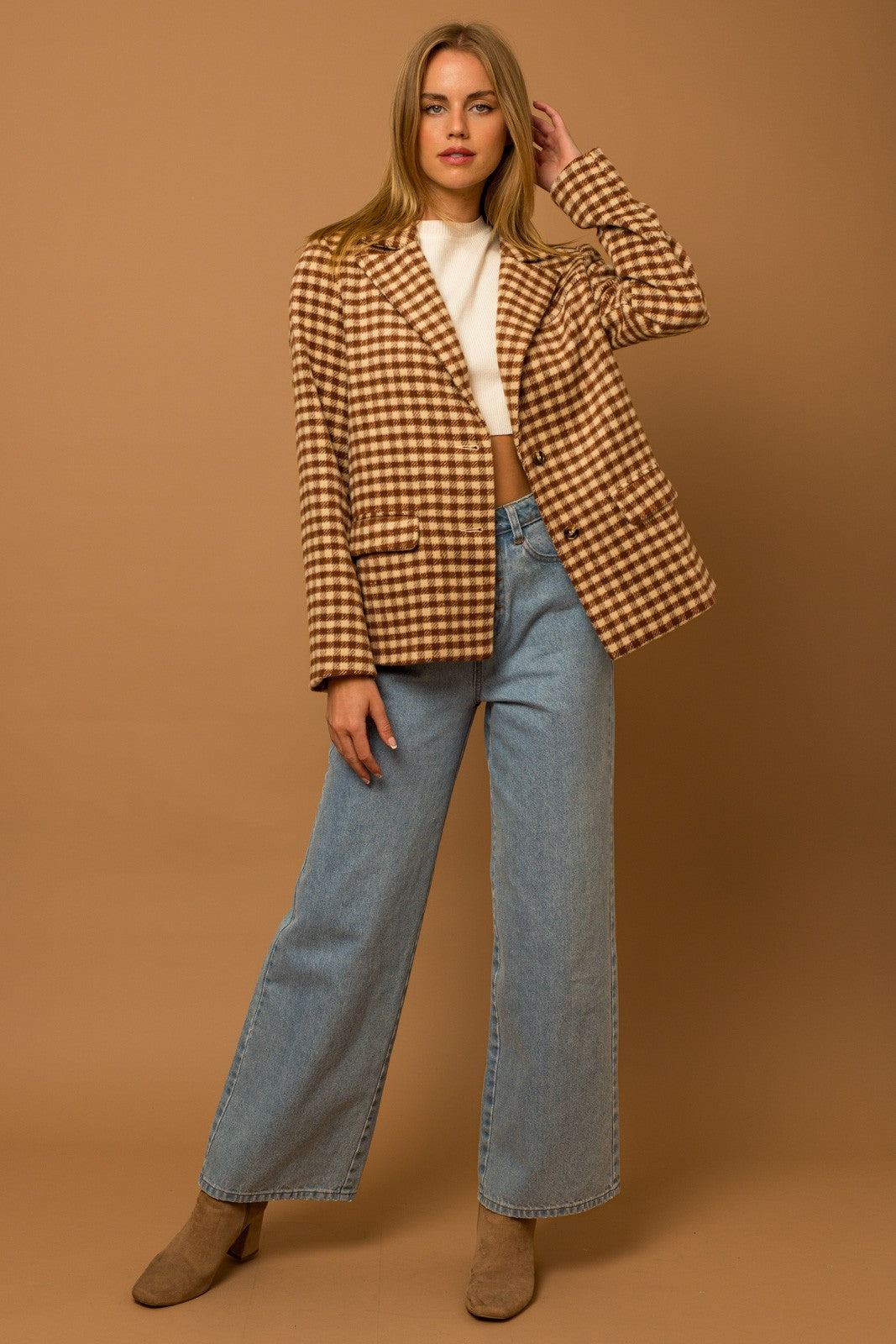 Tartan Check Boucle Blazer-Cream Brown Plaid