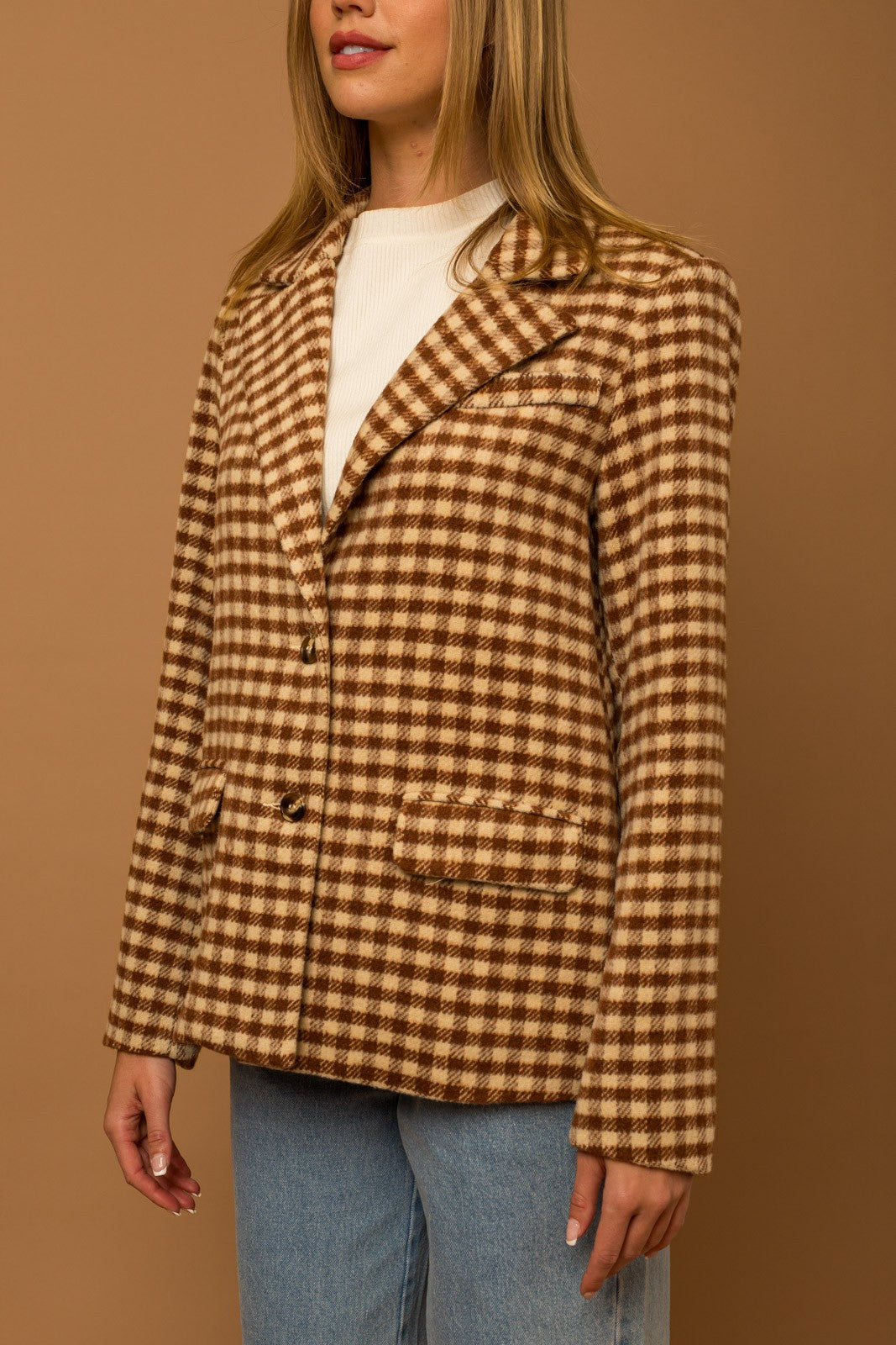 Tartan Check Boucle Blazer-Cream Brown Plaid