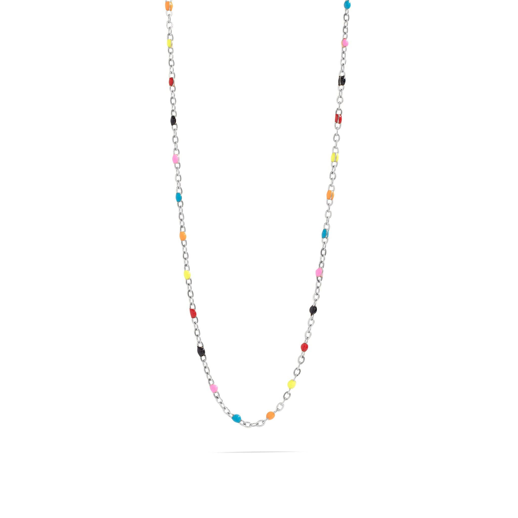 18k gold stainless steel necklace with colorful beads on a white background