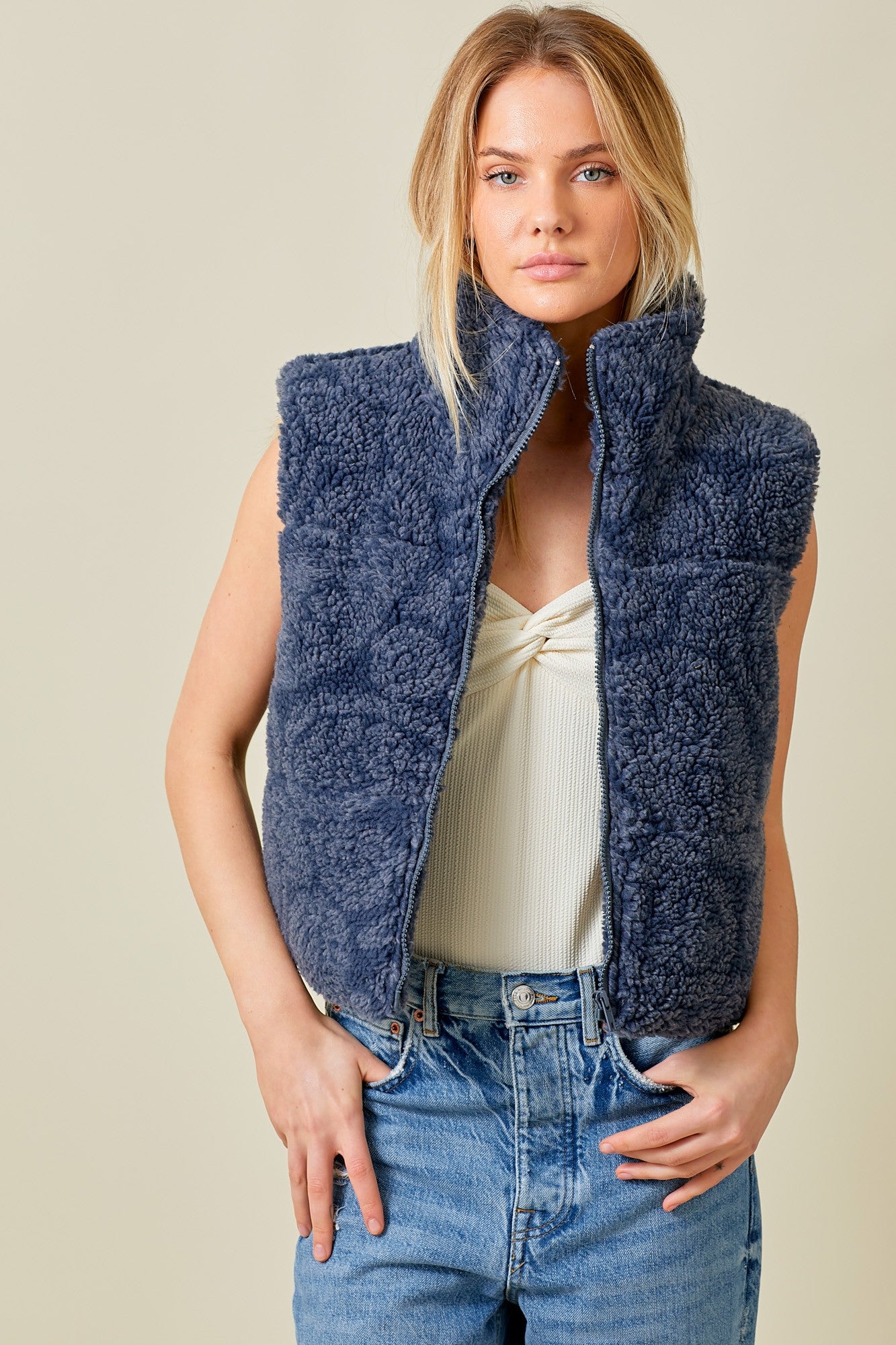 Paisley Print Sherpa Vest-Slate Blue