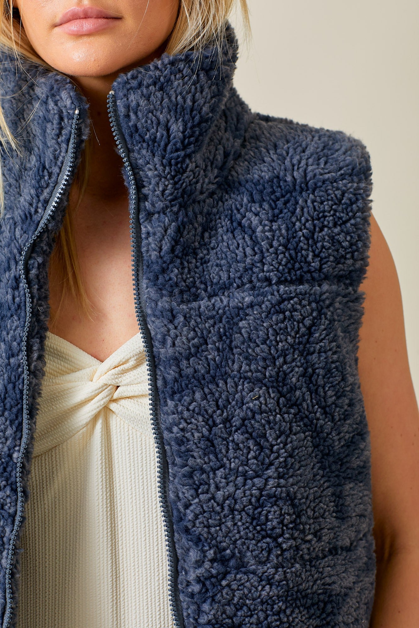 Paisley Print Sherpa Vest-Slate Blue