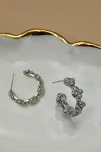 18k silver-plated stainless steel floral design hoop earrings on white background