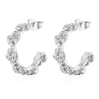 18k silver-plated stainless steel floral design hoop earrings on white background