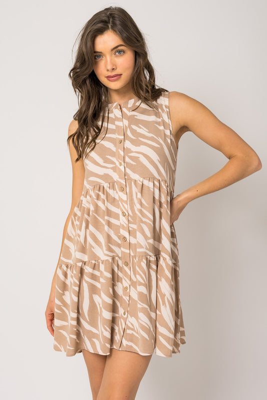 Sleeveless Tiered Abstract Print Dress-Taupe Ivory