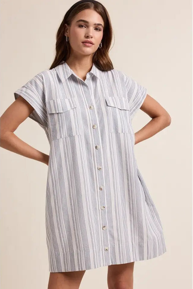 A woman wearing a striped shirt dress on a beige background