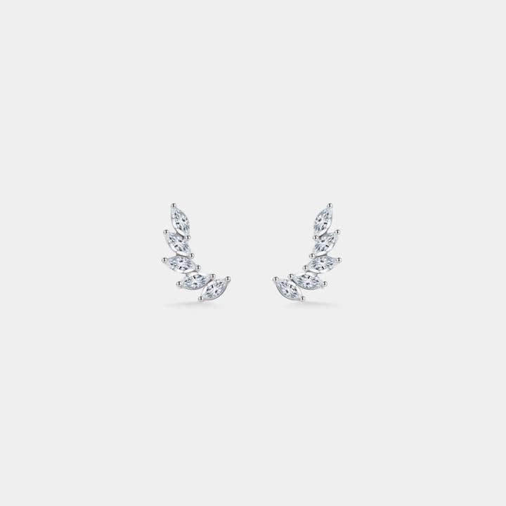 A pair of silver plated crescent-shaped stud earrings set with marquise-cut cubic zirconia, displayed on a light gray background.
