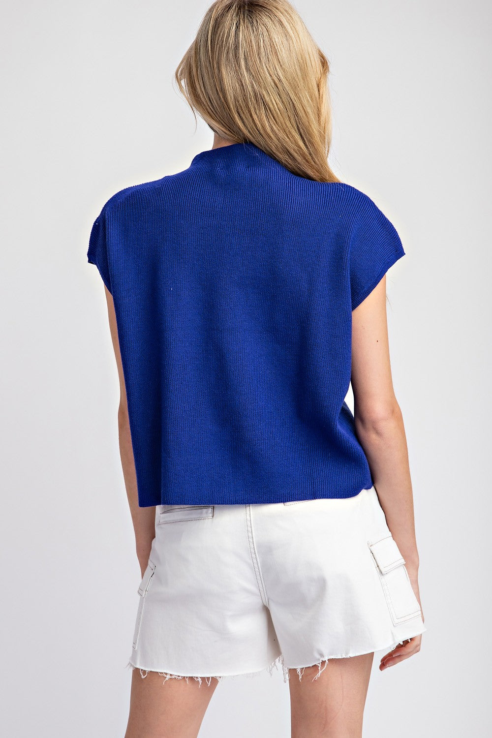 Short Sleeve Ribbed Knit Top with Pocket-Royal Blue