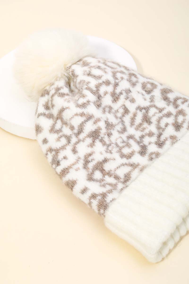 Leopard Ribbed Pom Beanie-Ivory