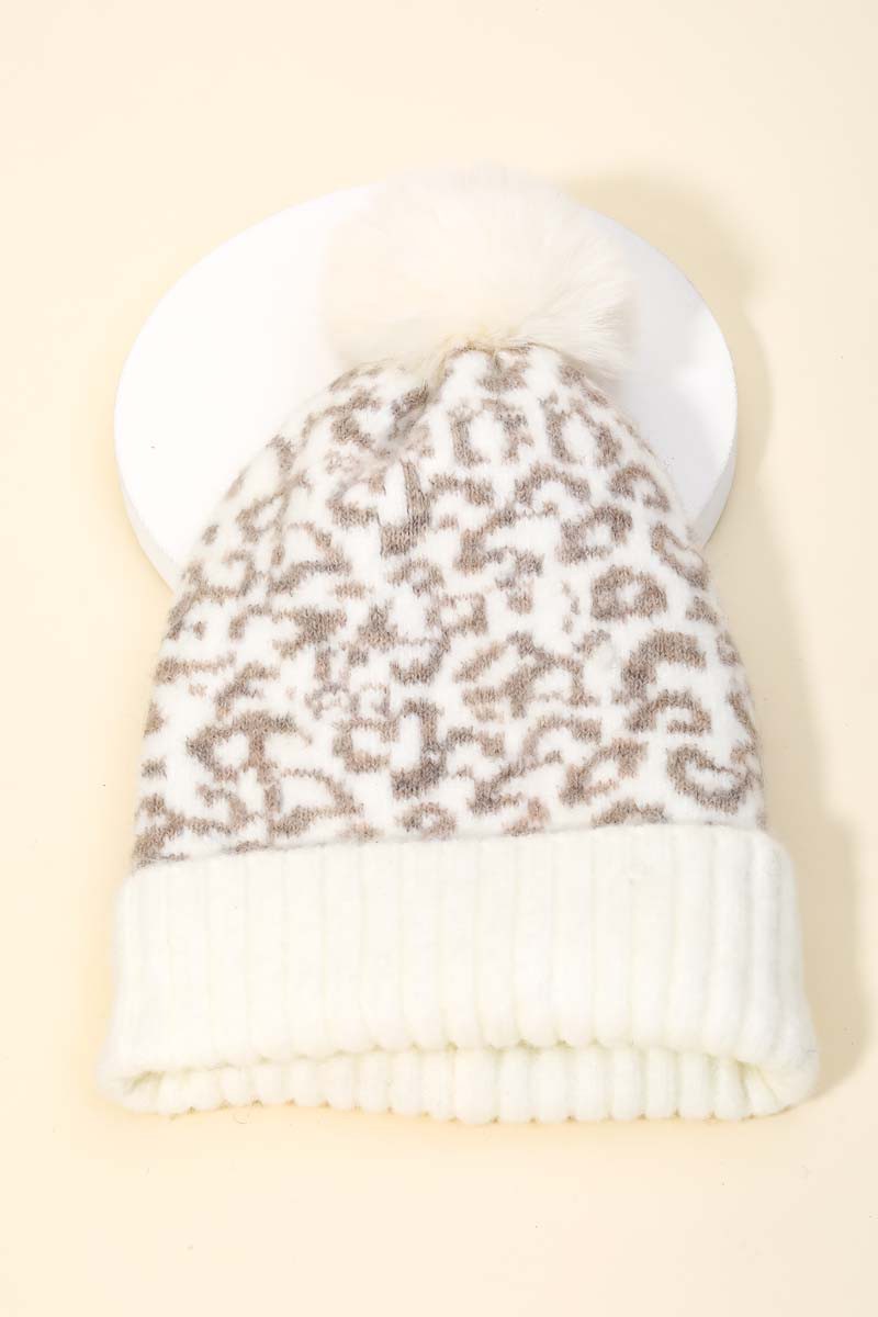 Leopard Ribbed Pom Beanie-Ivory