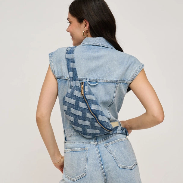 Criss Cross Design Denim Sling-Medium Blue