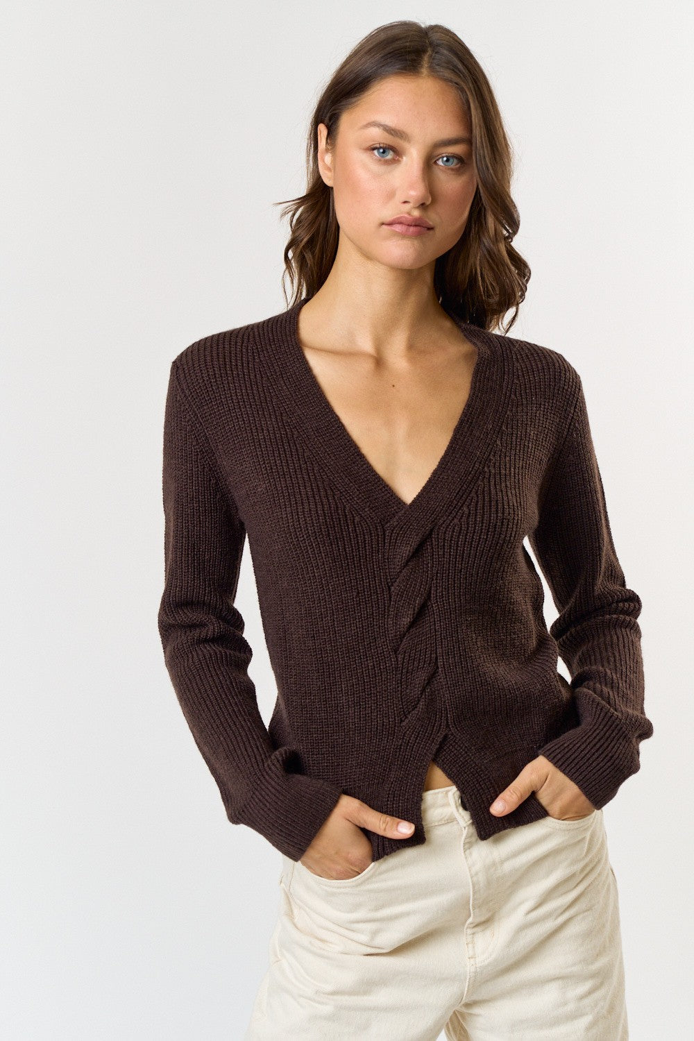 Twist Front Knitted Detail Sweater-Mocha