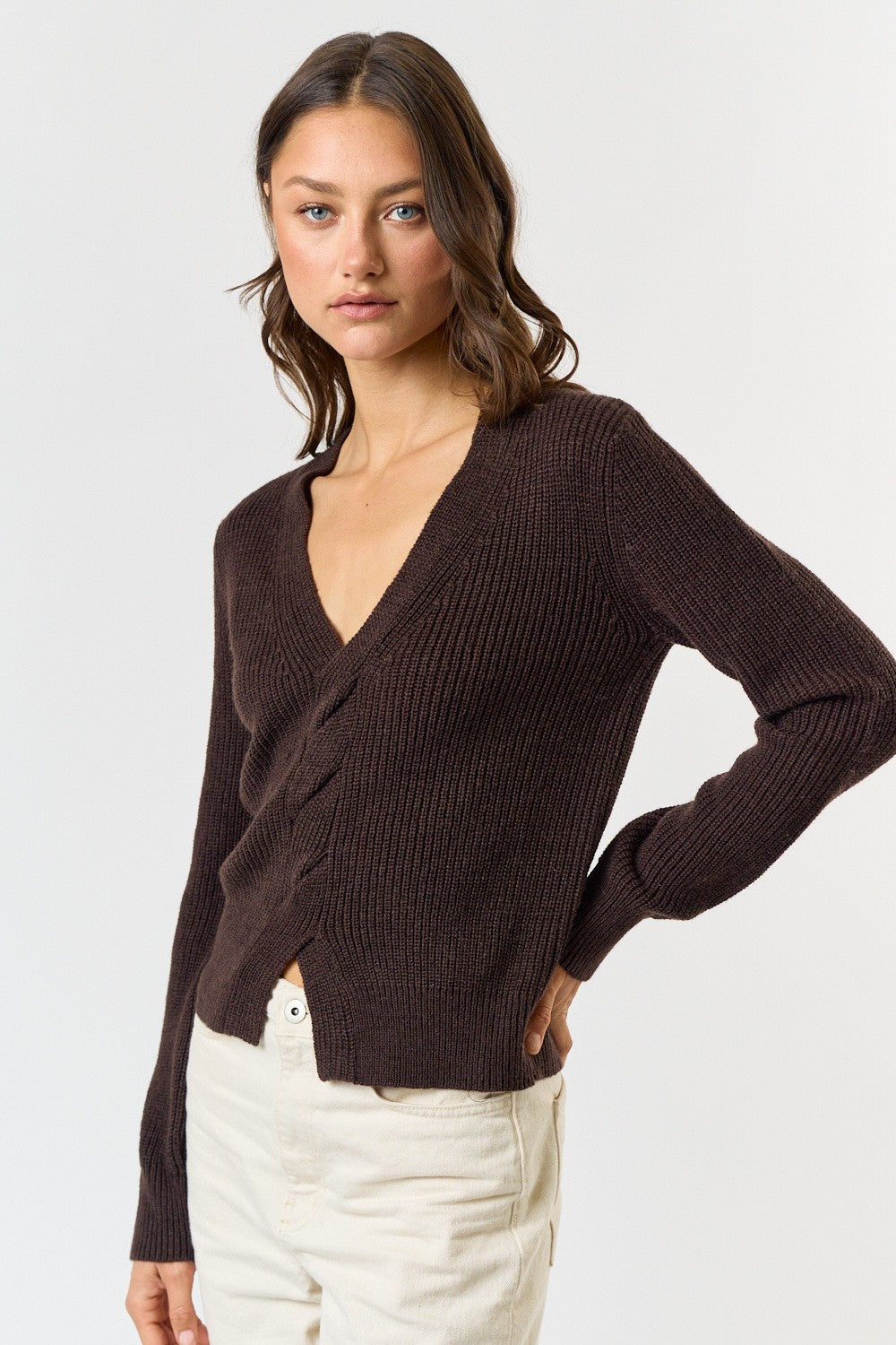 Twist Front Knitted Detail Sweater-Mocha