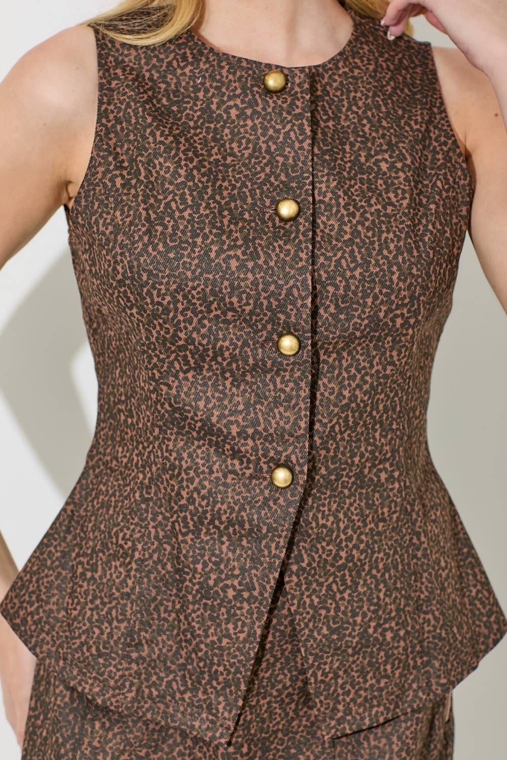 Animal Print Button Front Vest-Leopard