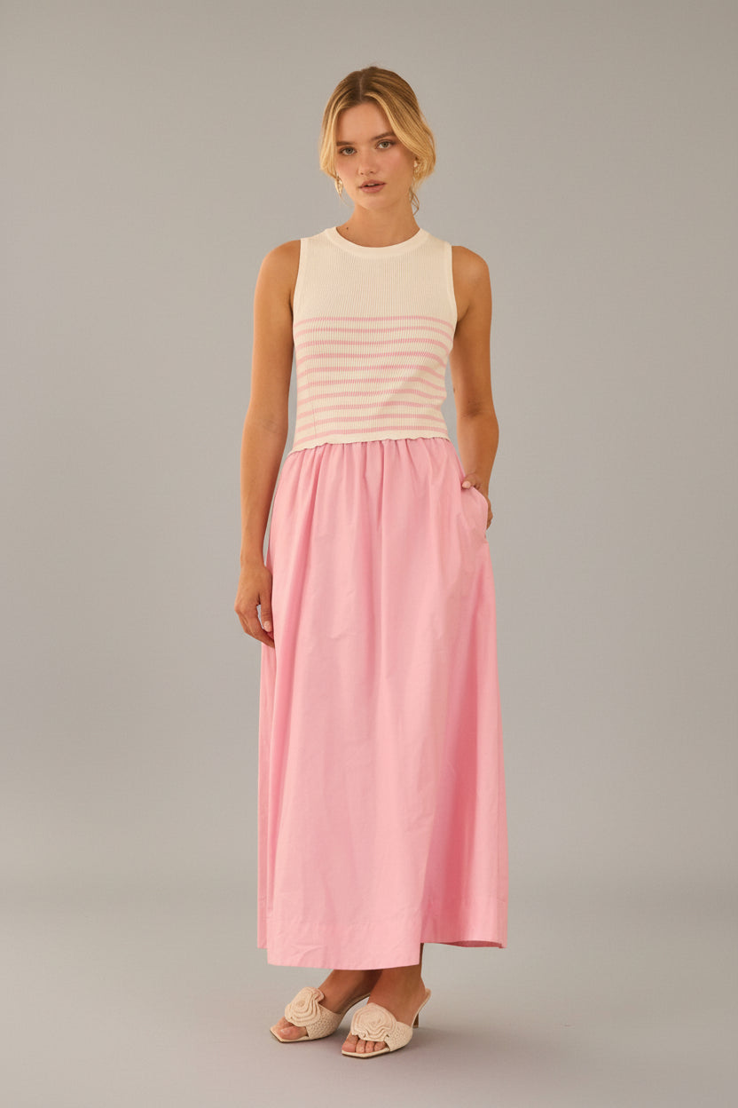 Mixed Media Striped Tank Maxi Dress-Pink White Knit | Women's Dresses - Erma Jean Mixed Media Striped Tank Maxi Dress-Pink White Knit | Women's Dresses - Erma Jean