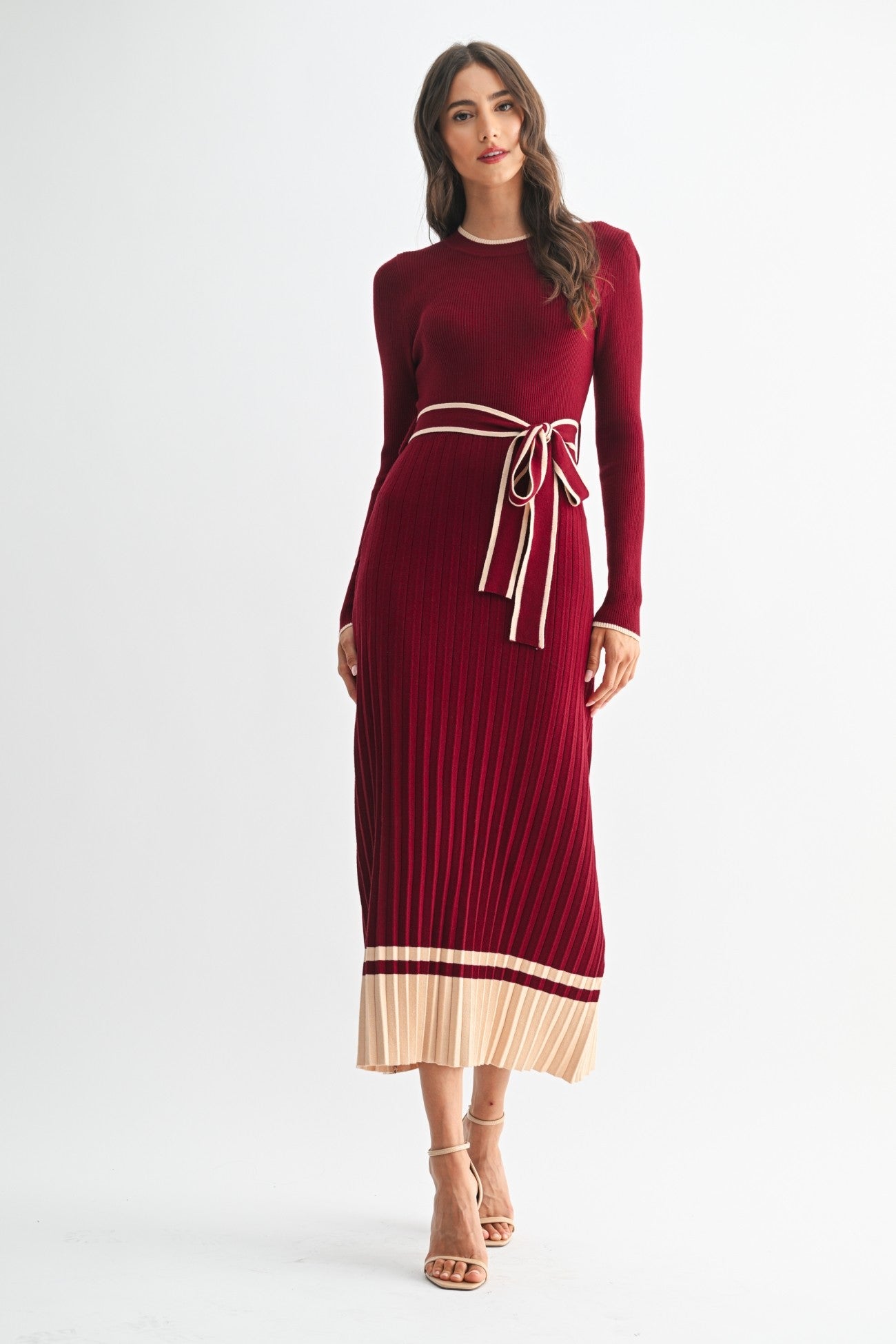 Linette Accordian Skirt Midi Sweater Dress-Burgundy Cream Knit