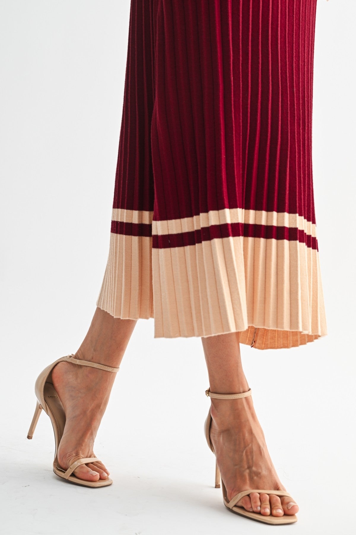Linette Accordian Skirt Midi Sweater Dress-Burgundy Cream Knit