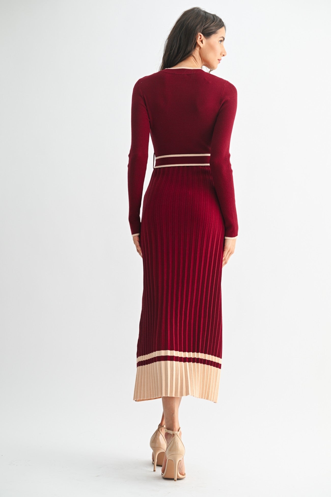Linette Accordian Skirt Midi Sweater Dress-Burgundy Cream Knit