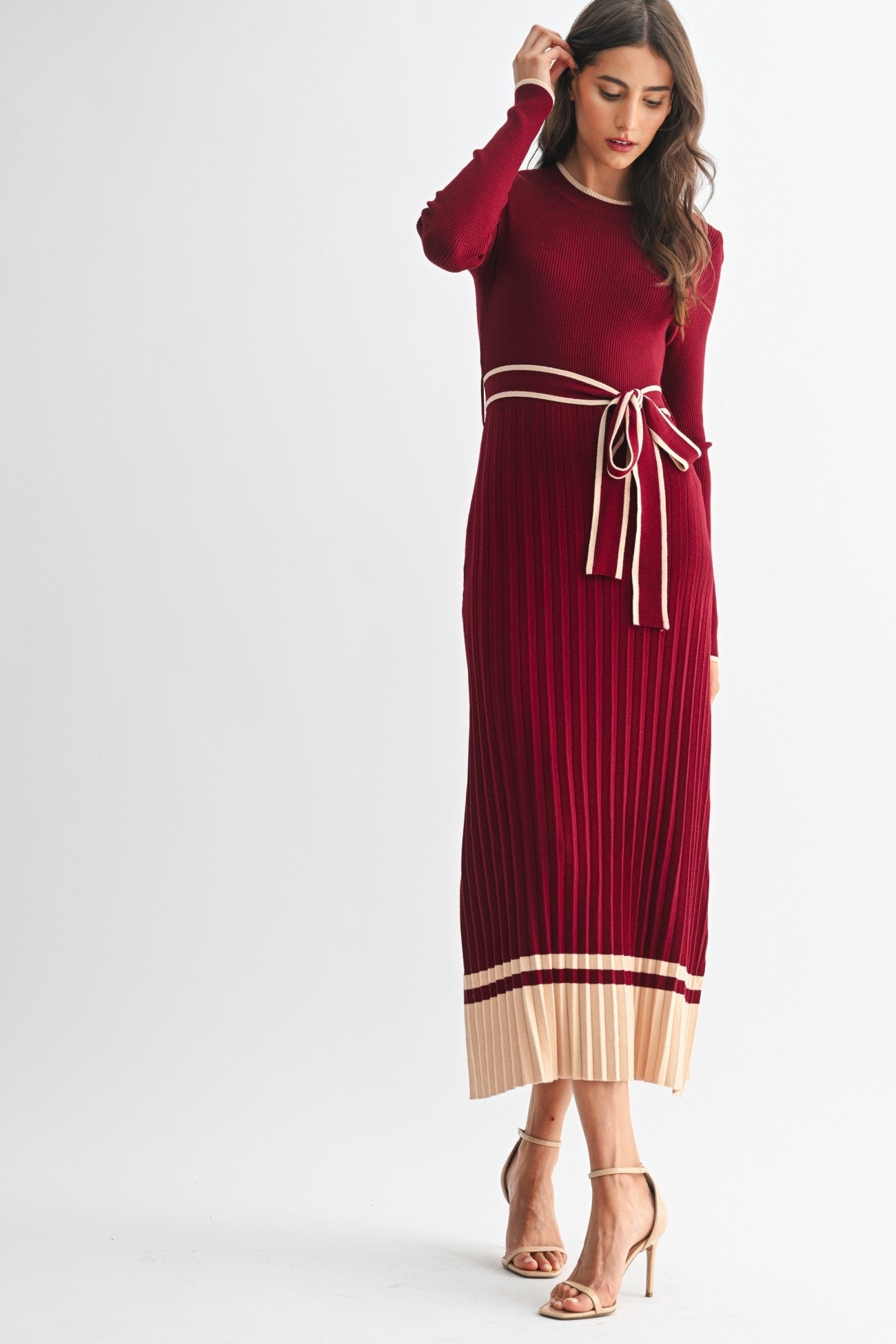 Linette Accordian Skirt Midi Sweater Dress-Burgundy Cream Knit