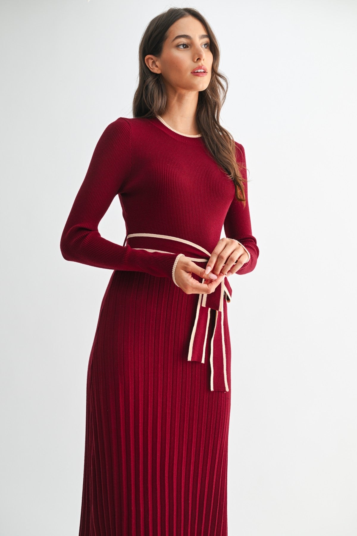 Linette Accordian Skirt Midi Sweater Dress-Burgundy Cream Knit
