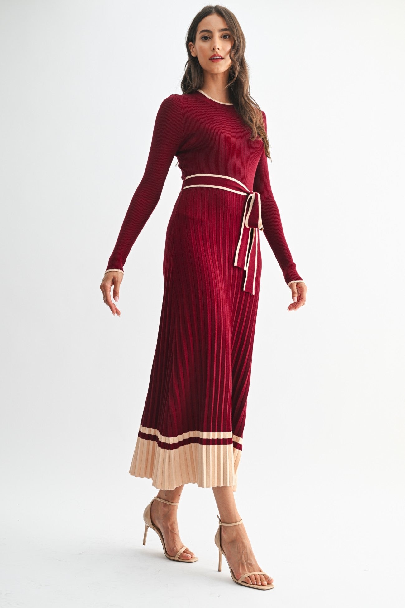 Linette Accordian Skirt Midi Sweater Dress-Burgundy Cream Knit
