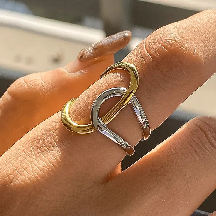18K Non-Tarnish Abstract Two Tone Ring-Gold Silver