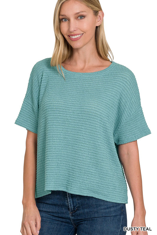 Short Sleeve Jacquard Knit Top-Dusty Teal