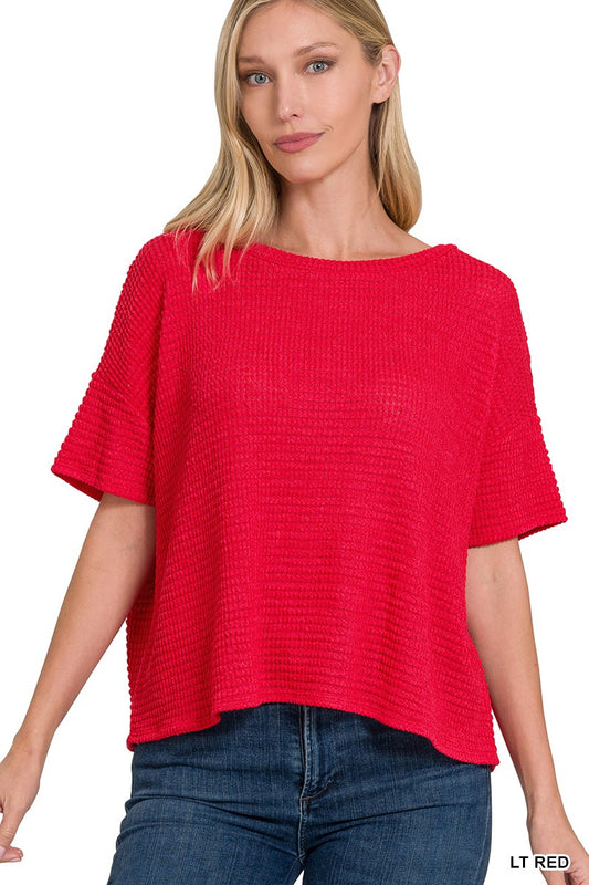 Short Sleeve Jacquard Knit Top-Light Red