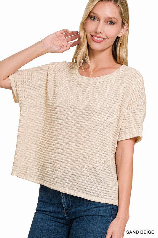 Short Sleeve Jacquard Knit Top-Sand Beige