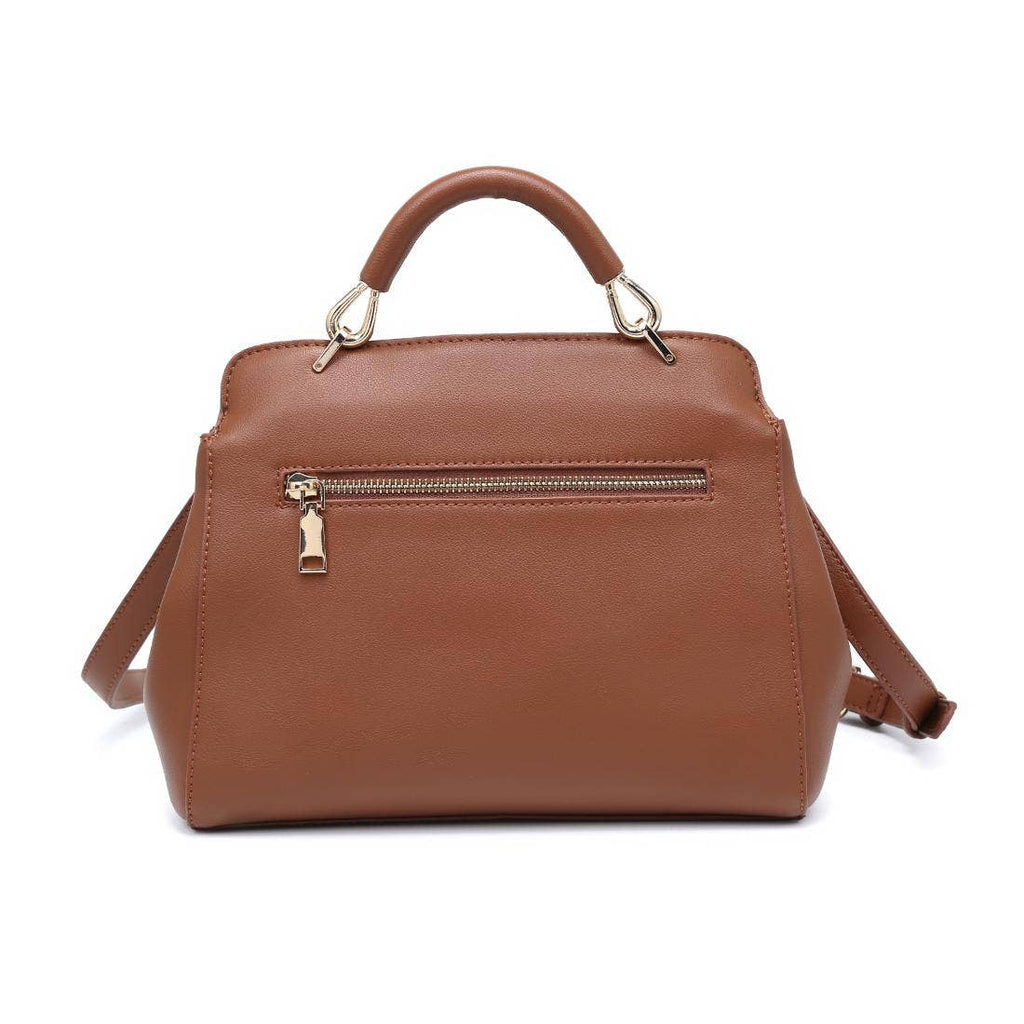 Back view of brown vegan leather handbag with gold hardware on a white background